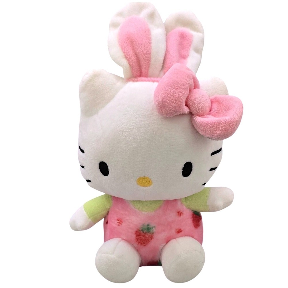 Hello Kitty Easter Bunny Plush 12" Sanrio 2023‎ Strawberry Overalls Rabbit Pink